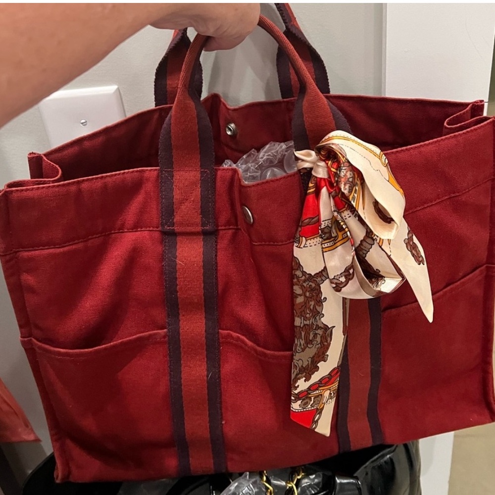 Elegant Authentic Hermes Red Canvas Tote Bag